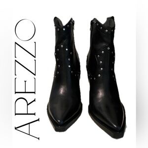 Arezzo Black Leather Moto Ankle Boots with Block Heel and Studs | Size 9.5